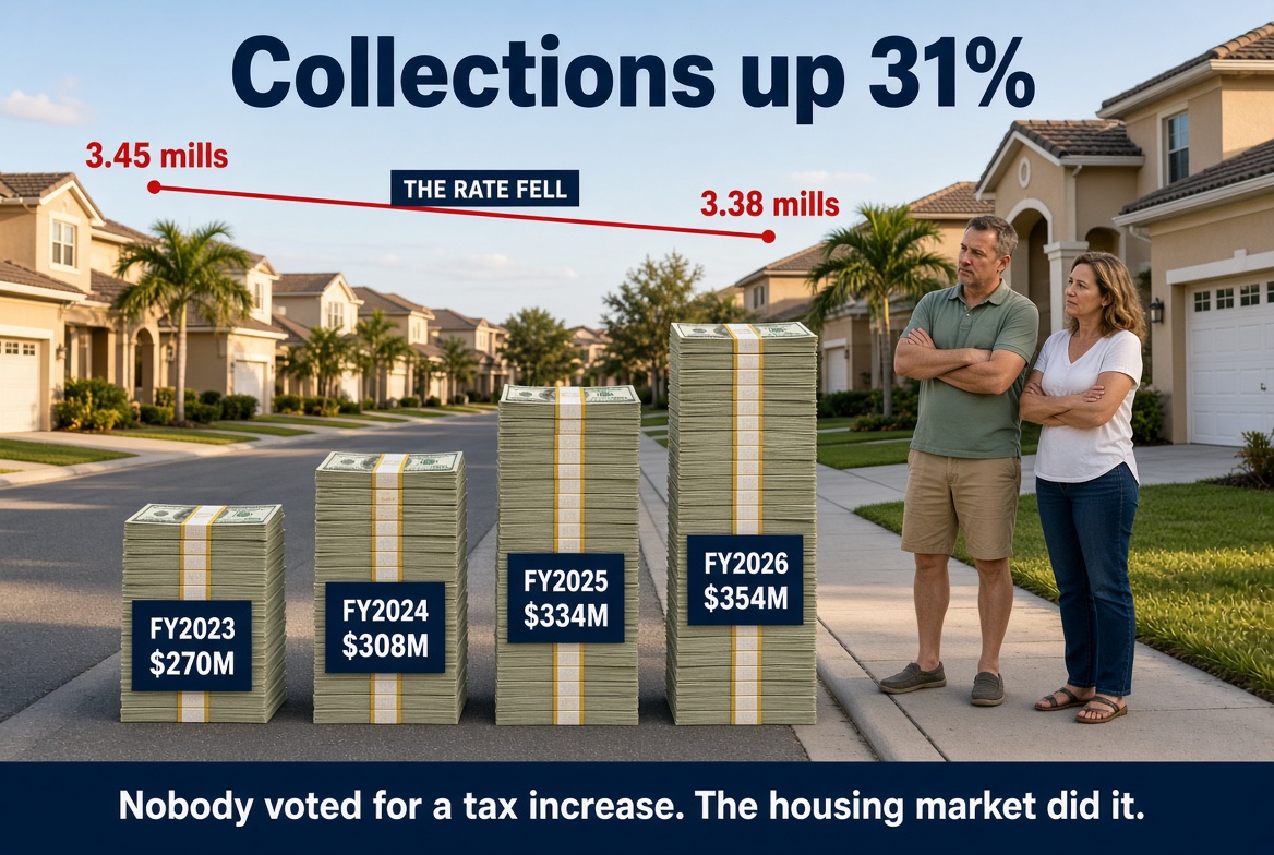 A suburban street of stucco homes. Four stacks of cash grow taller from left to right, labeled FY2023 $270 million, FY2024 $308 million, FY2025 $334 million, and FY2026 $354 million. Above them a red line slopes slightly downward from 3.45 mills to 3.38 mills, labeled The rate fell. A couple stands on the sidewalk with arms crossed, looking at the stacks. The headline reads Collections up 31%. A banner across the bottom reads Nobody voted for a tax increase. The housing market did it.