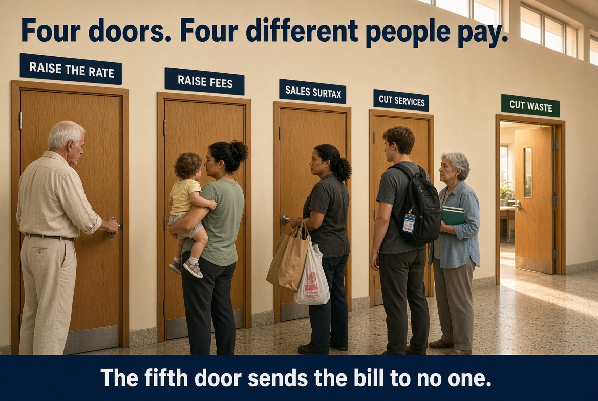 A government hallway with five doors under the headline Four doors. Four different people pay. An older man reaches for the door marked Raise the rate. A mother holding a toddler stands at the door marked Raise fees. A woman with grocery bags stands at Sales surtax. A young man with a backpack and an older woman holding library books stand at Cut services. The fifth door, marked Cut waste, is open and sunlit, with no one waiting at it. A banner across the bottom reads The fifth door sends the bill to no one.