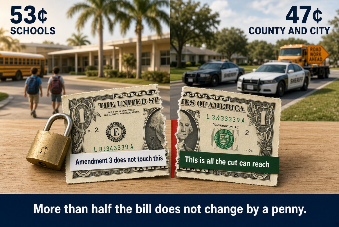 Split photo. On the left, two children with backpacks walk toward a school and a yellow bus under the words 53 cents, schools. On the right, two sheriff's cars and a county road-work truck under the words 47 cents, county and city. In front, a dollar bill is torn in half on a table. A brass padlock sits beside the left half, labeled Amendment 3 does not touch this. The right half is labeled This is all the cut can reach. A banner across the bottom reads More than half the bill does not change by a penny.
