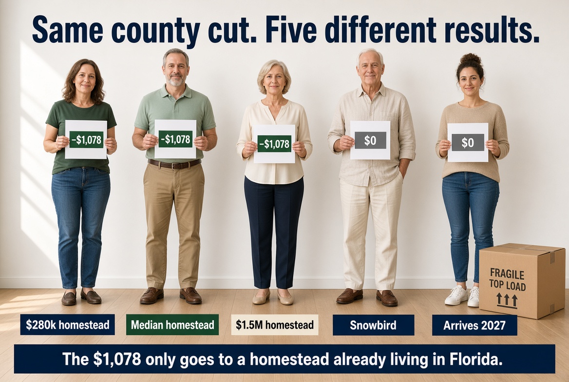 Five people stand in a row against a white wall under the headline Same county cut. Five different results. The first three, labeled $280k homestead, Median homestead, and $1.5M homestead, each hold a card reading minus $1,078. The fourth, labeled Snowbird, holds a card reading $0. The fifth, labeled Arrives 2027 and standing beside a moving box, also holds a card reading $0. A banner across the bottom reads The $1,078 only goes to a homestead already living in Florida.
