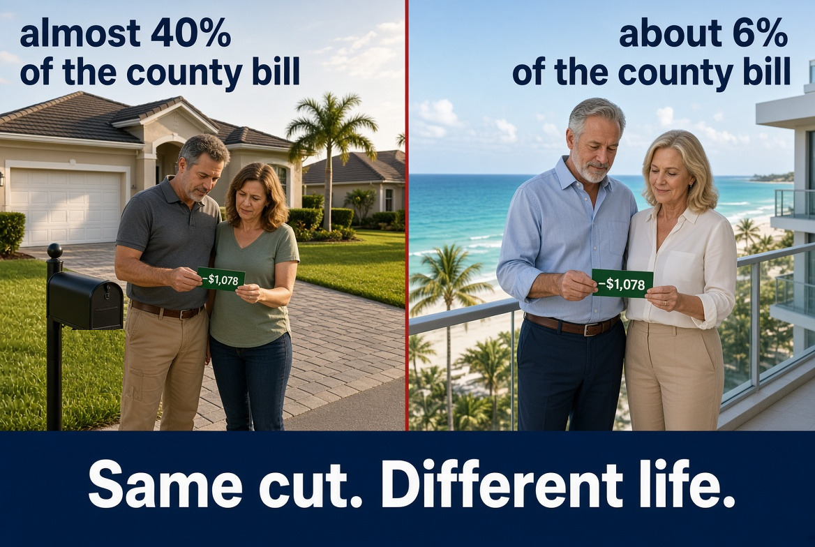 Split photo. On the left, a couple stands beside the mailbox of a modest stucco house holding a green card that reads minus $1,078, under the words almost 40% of the county bill. On the right, an older couple on a Gulf-front condo balcony holds the same card, under the words about 6% of the county bill. A banner across the bottom reads Same cut. Different life.