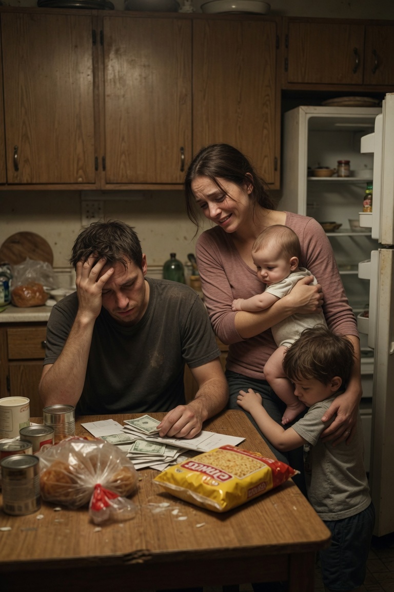 Young Sarasota family at their kitchen table, bills spread out in front of them