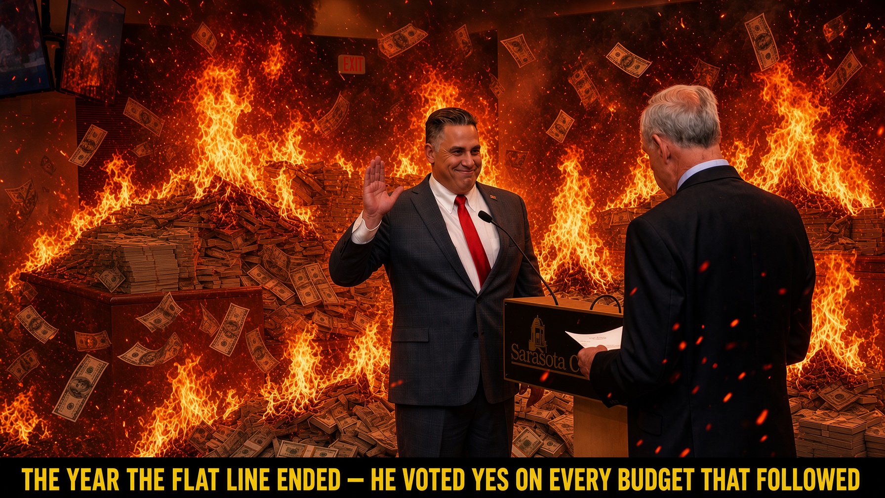 Political graphic: Joe Neunder taking the oath of office in a county chamber engulfed in burning piles of money — the year the flat line ended, he voted yes on every budget that followed