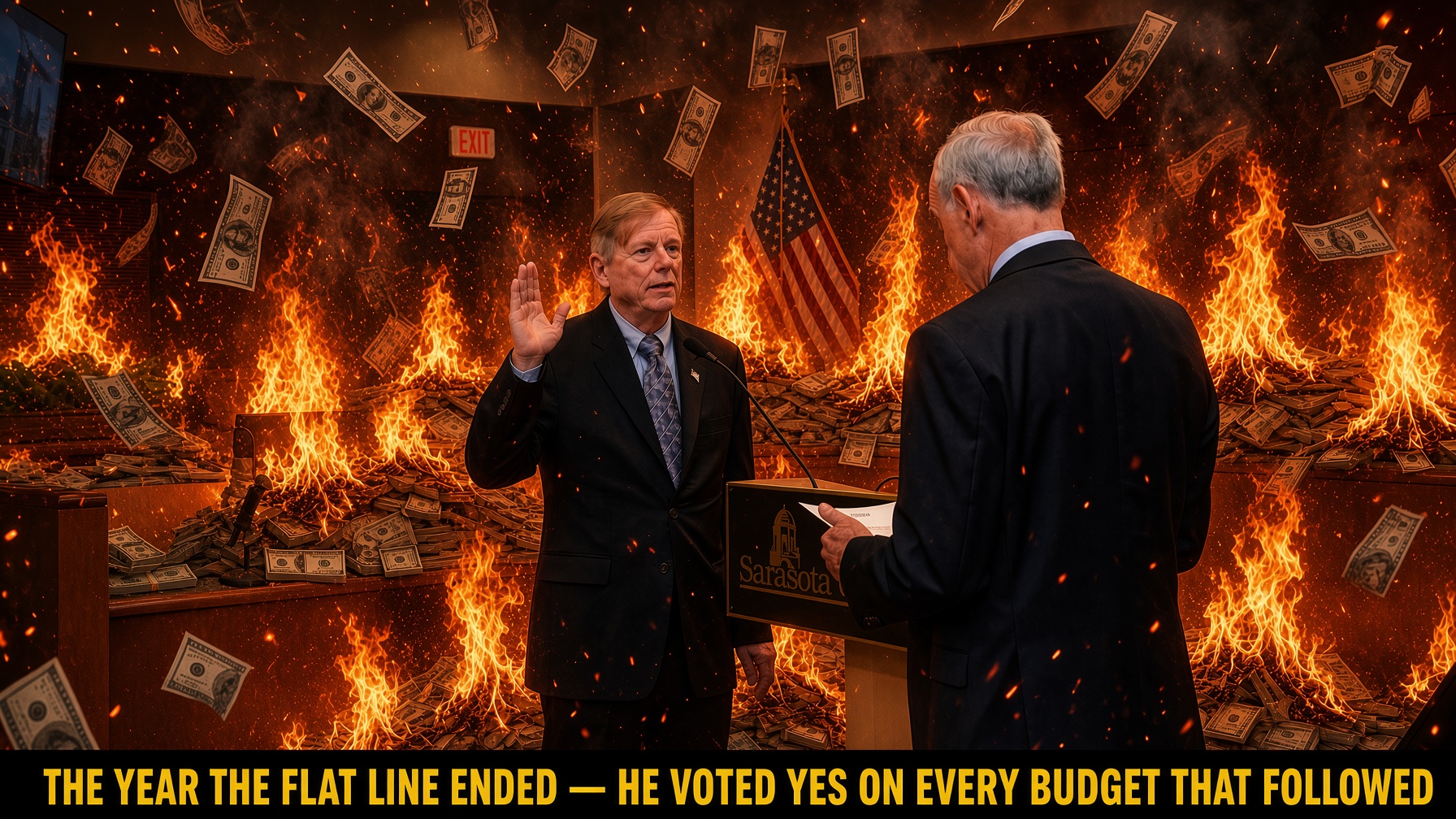 Political graphic: Mark Smith taking the oath of office in a county chamber engulfed in burning piles of money — the year the flat line ended, he voted yes on every budget that followed