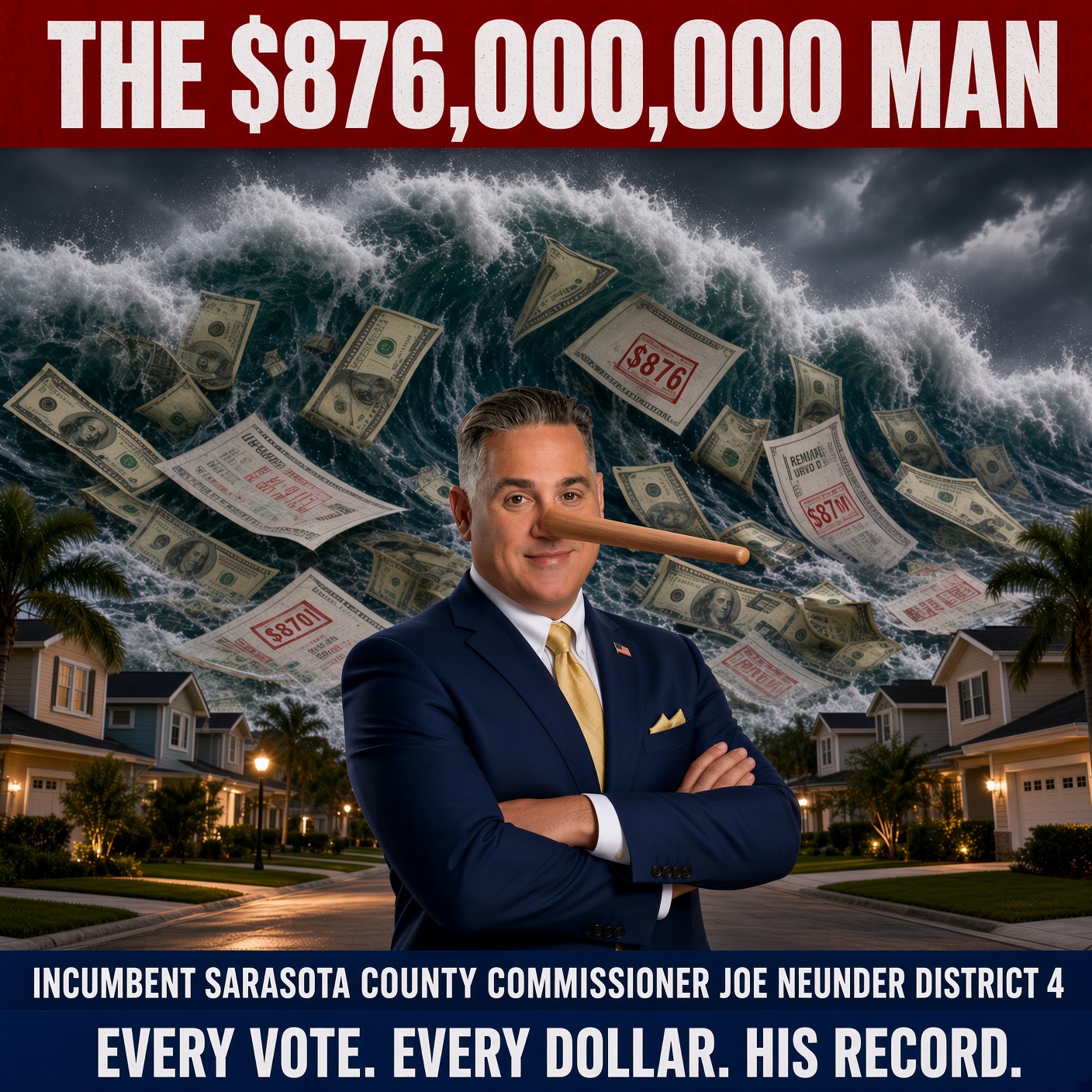 Satirical poster: Joe Neunder stands arms crossed in a suburban Sarasota street, Pinocchio nose growing, as a colossal tidal wave of hundred-dollar bills and county invoices curls over family rooftops — The $876,000,000 Man. Every vote. Every dollar. His record.