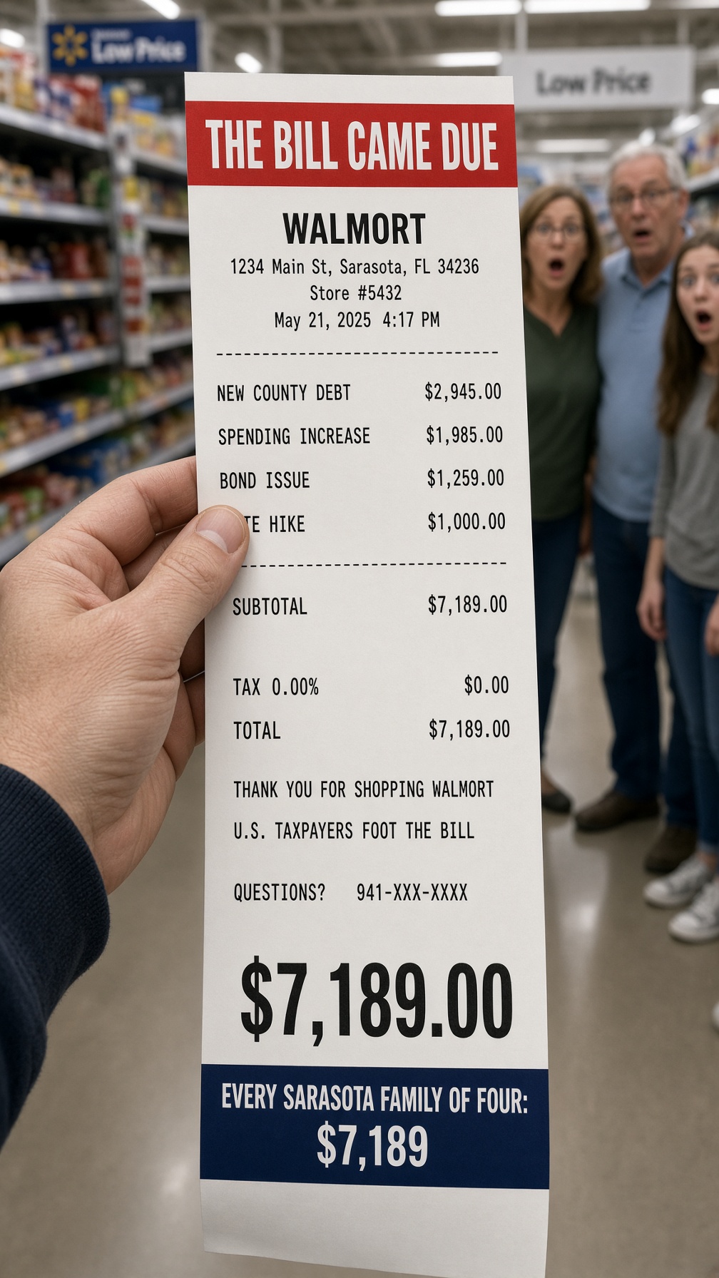 Satirical grocery receipt held up in a supermarket aisle, itemized with New County Debt, Spending Increase, Bond Issue, and Rate Hike, totaling $7,189 — the bill came due for every Sarasota family of four.