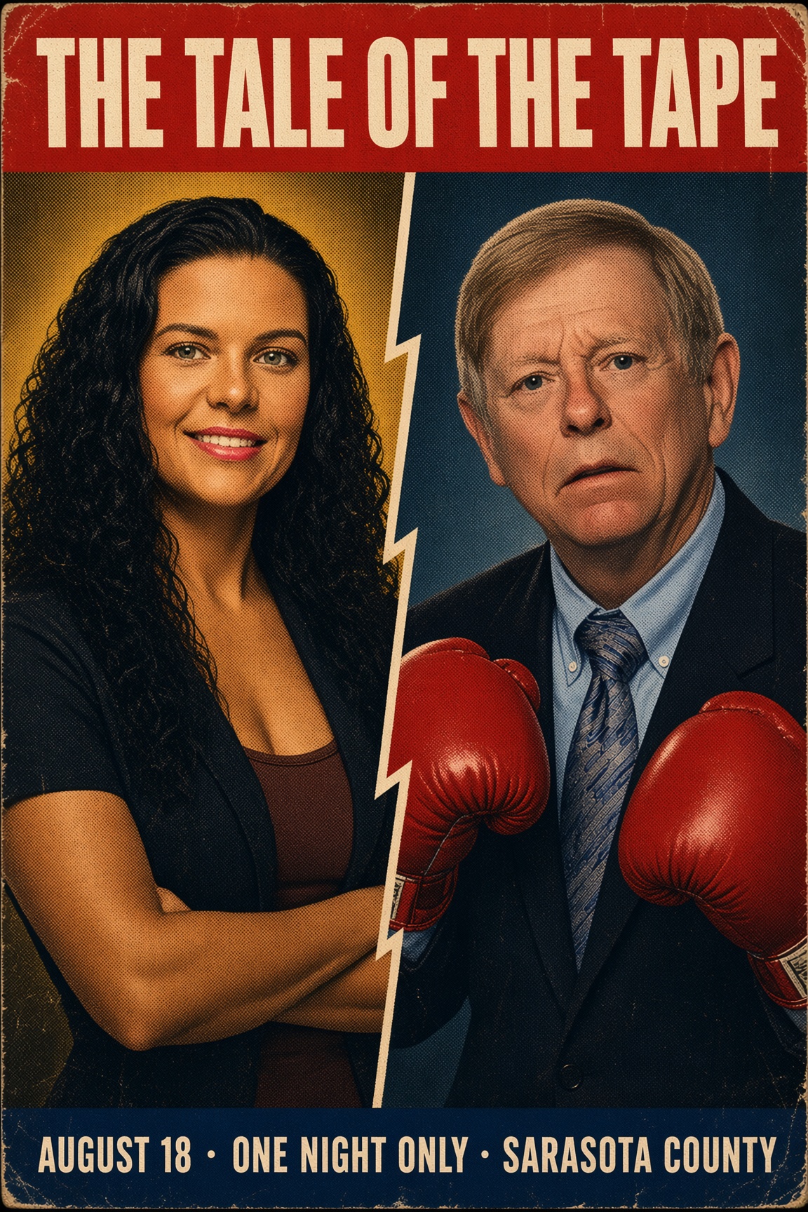 Vintage fight poster, The Tale of the Tape: a confident Kristina Sargent in warm gold light versus a worried Mark Smith in oversized red boxing gloves — August 18, one night only, Sarasota County.