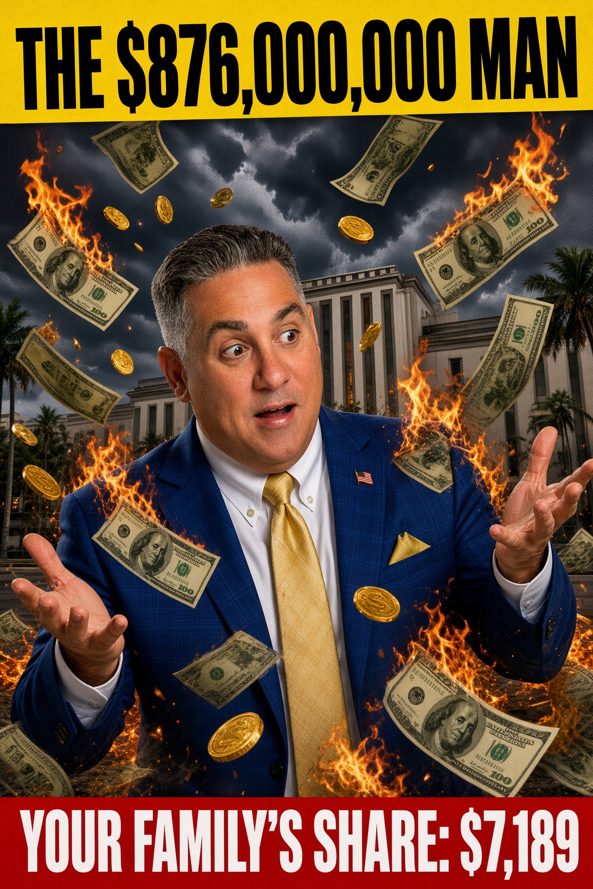 Tabloid-style poster: Joe Neunder shrugging with palms up as hundred-dollar bills burn and gold coins fall around him in front of a government building — The $876,000,000 Man. Your family's share: $7,189.