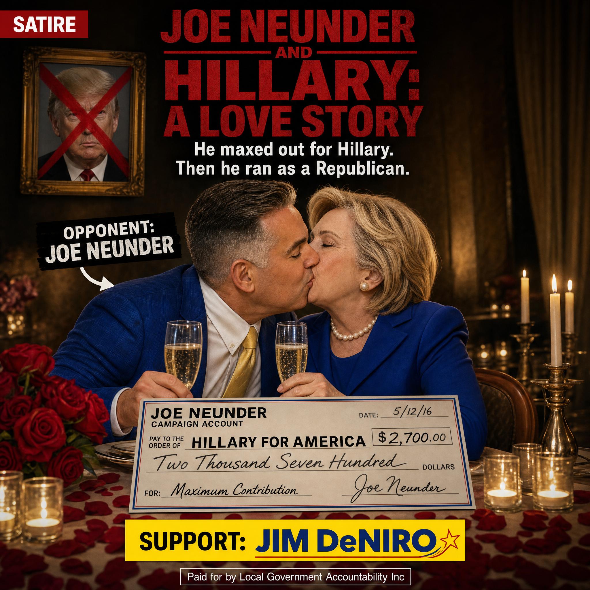 Satire-labeled poster: Joe Neunder and Hillary Clinton toasting champagne at a rose-covered dinner table with an oversized $2,700 'Maximum Contribution' check dated 5/12/16, under a crossed-out portrait of Donald Trump — He maxed out for Hillary. Then he ran as a Republican.
