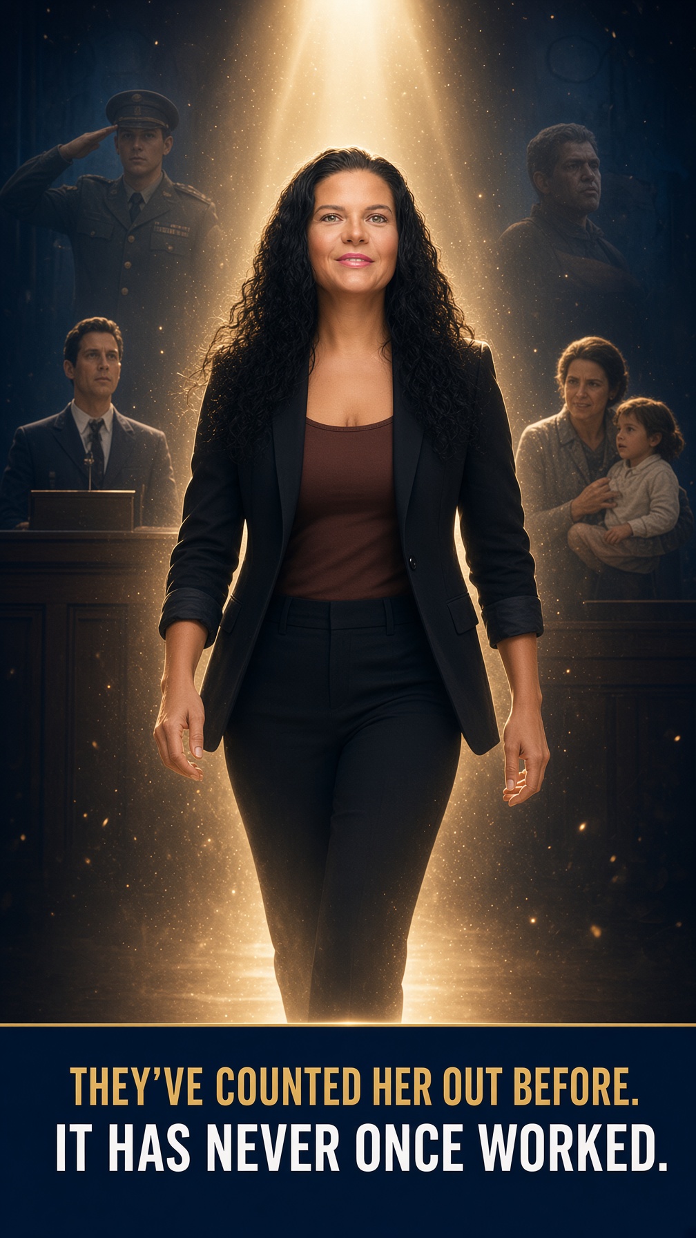 Kristina Sargent walking alone into a golden spotlight, the chapters of her life ghosted behind her — a saluting soldier, a prosecutor at the podium, a mother holding a child. They've counted her out before. It has never once worked.