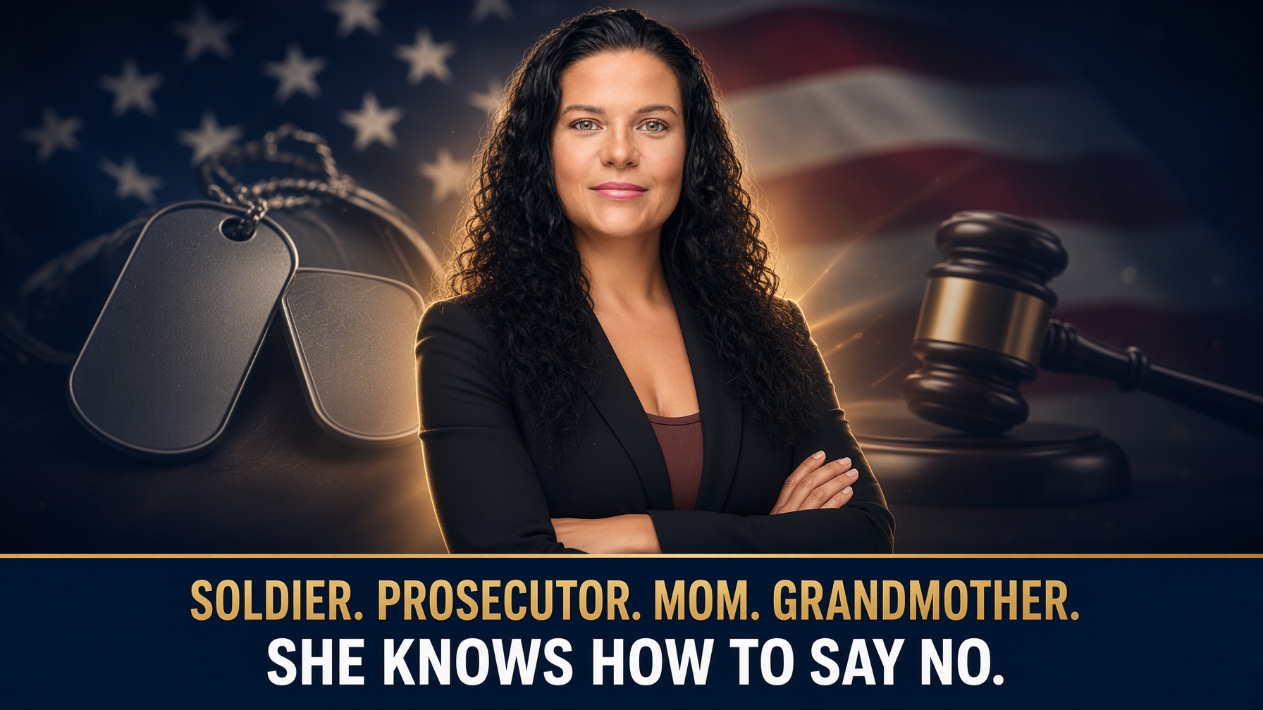 Kristina Sargent, arms crossed and confident, framed by Army dog tags and a courtroom gavel in front of the American flag — Soldier. Prosecutor. Mom. Grandmother. She knows how to say no.