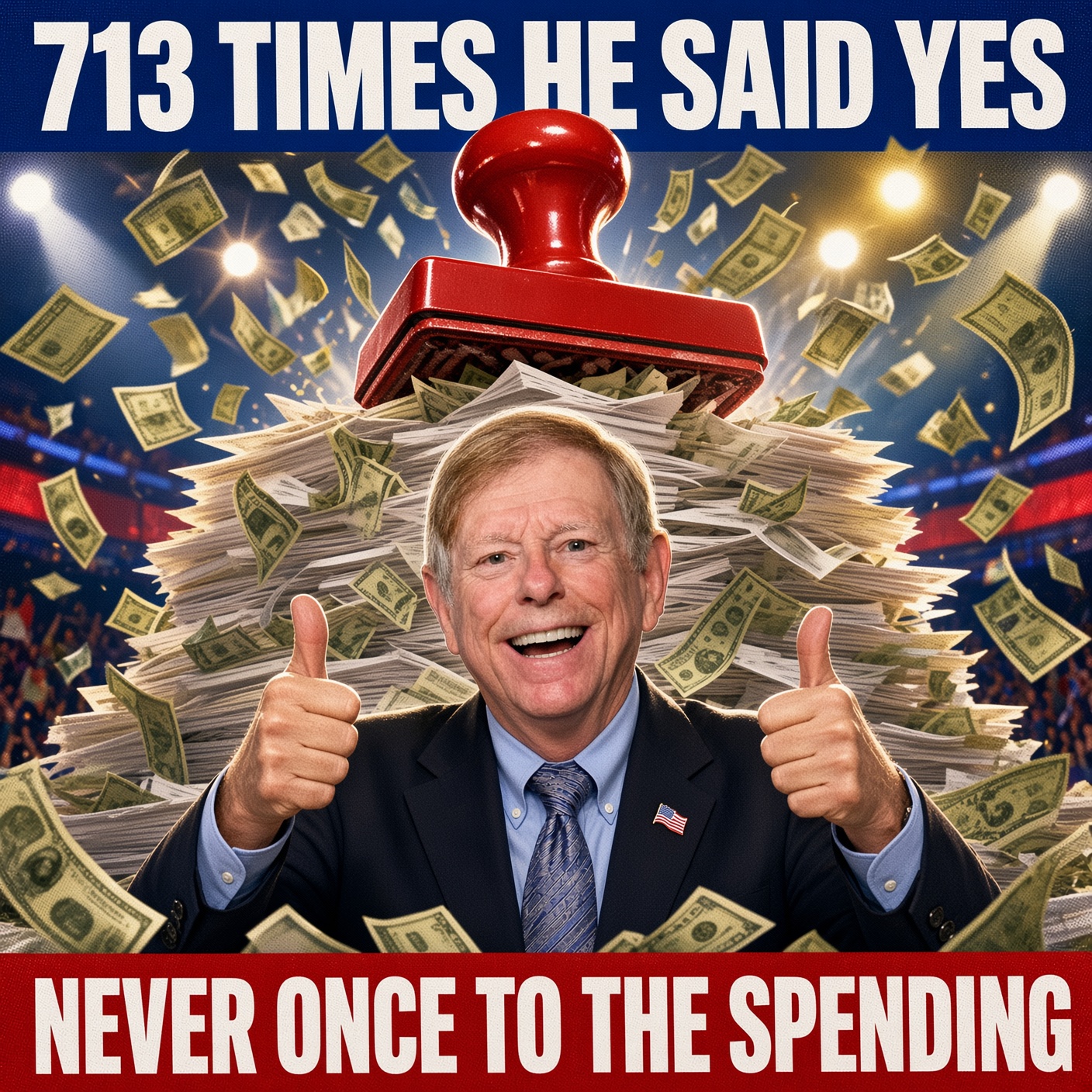 Satirical poster: Mark Smith grinning with two thumbs up in front of a giant red rubber stamp atop a tower of spending documents, shredded dollar bills falling like confetti — 713 times he said yes, never once to the spending.