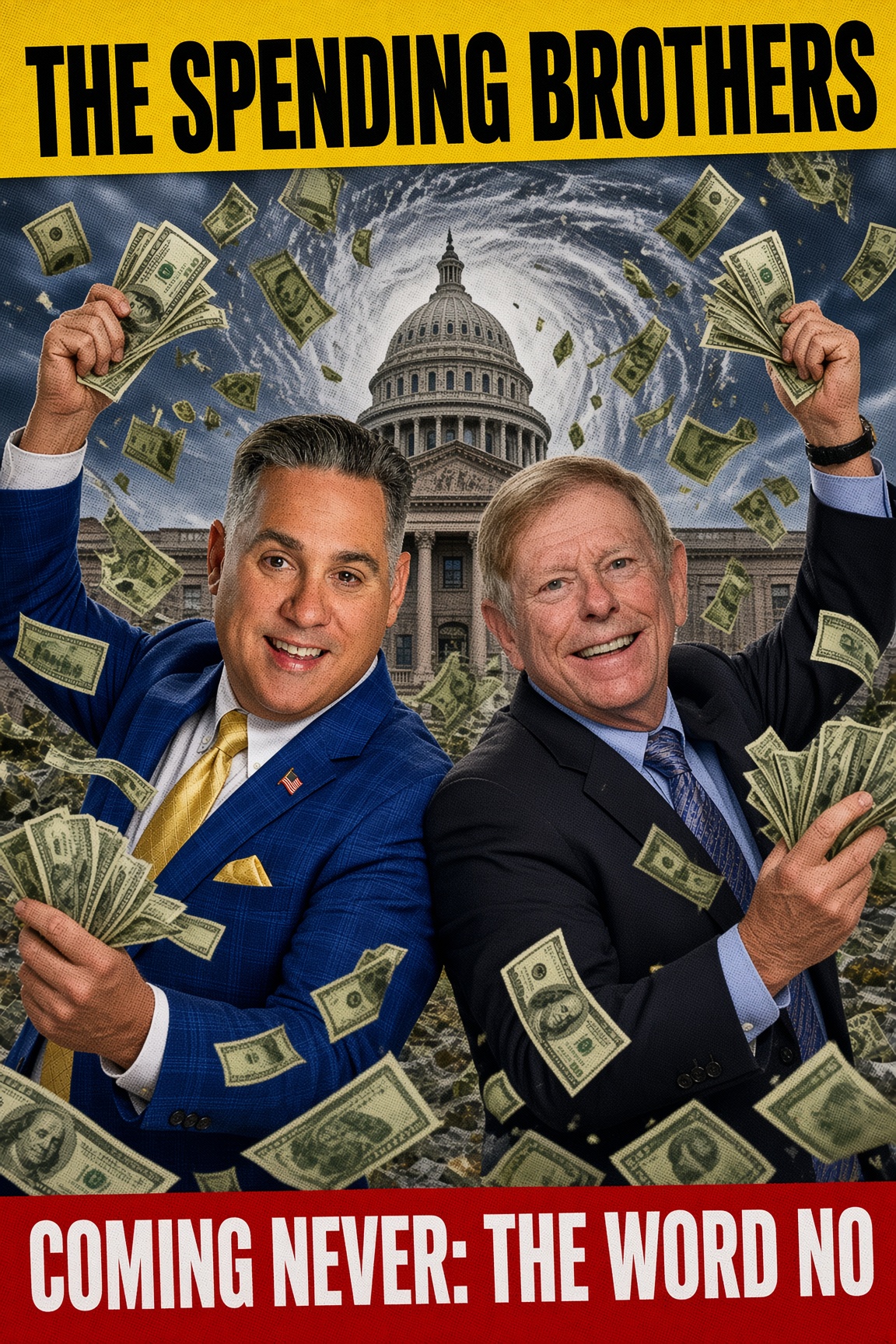 Satirical buddy-movie poster: Joe Neunder and Mark Smith back to back, grinning and waving fistfuls of hundred-dollar bills as cash swirls around a government building — The Spending Brothers. Coming never: the word no.