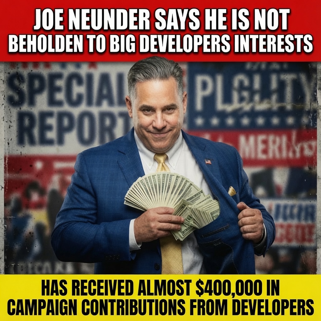 Circulating graphic claiming Joe Neunder received almost $400,000 in campaign contributions from developers — a figure LGAI has not verified