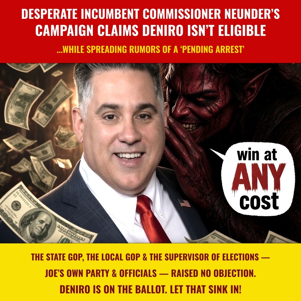 Political graphic: Joe Neunder smiling while a devil whispers 'win at ANY cost' in his ear amid falling dollar bills — captioned that his desperate campaign claims DeNiro isn't eligible, while the state GOP, local GOP, and Supervisor of Elections raised no objection and DeNiro is on the ballot