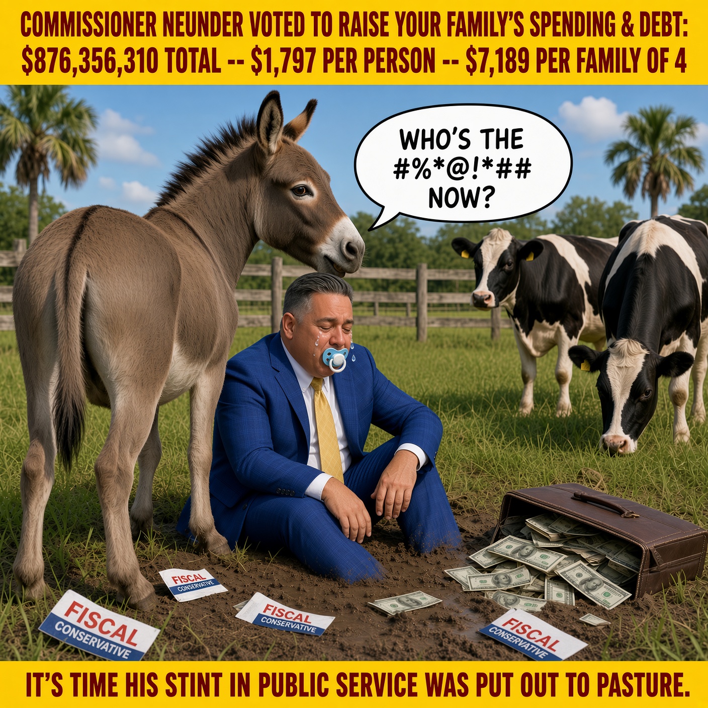 Political satire graphic: Joe Neunder sits crying in a cattle pasture with a pacifier while a donkey looks back at him asking who the jackass is now and cows look on — banner reads that Commissioner Neunder voted to raise your family's spending and debt by $876,356,310 total, $1,797 per person, $7,189 per family of four, and that it's time his stint in public service was put out to pasture