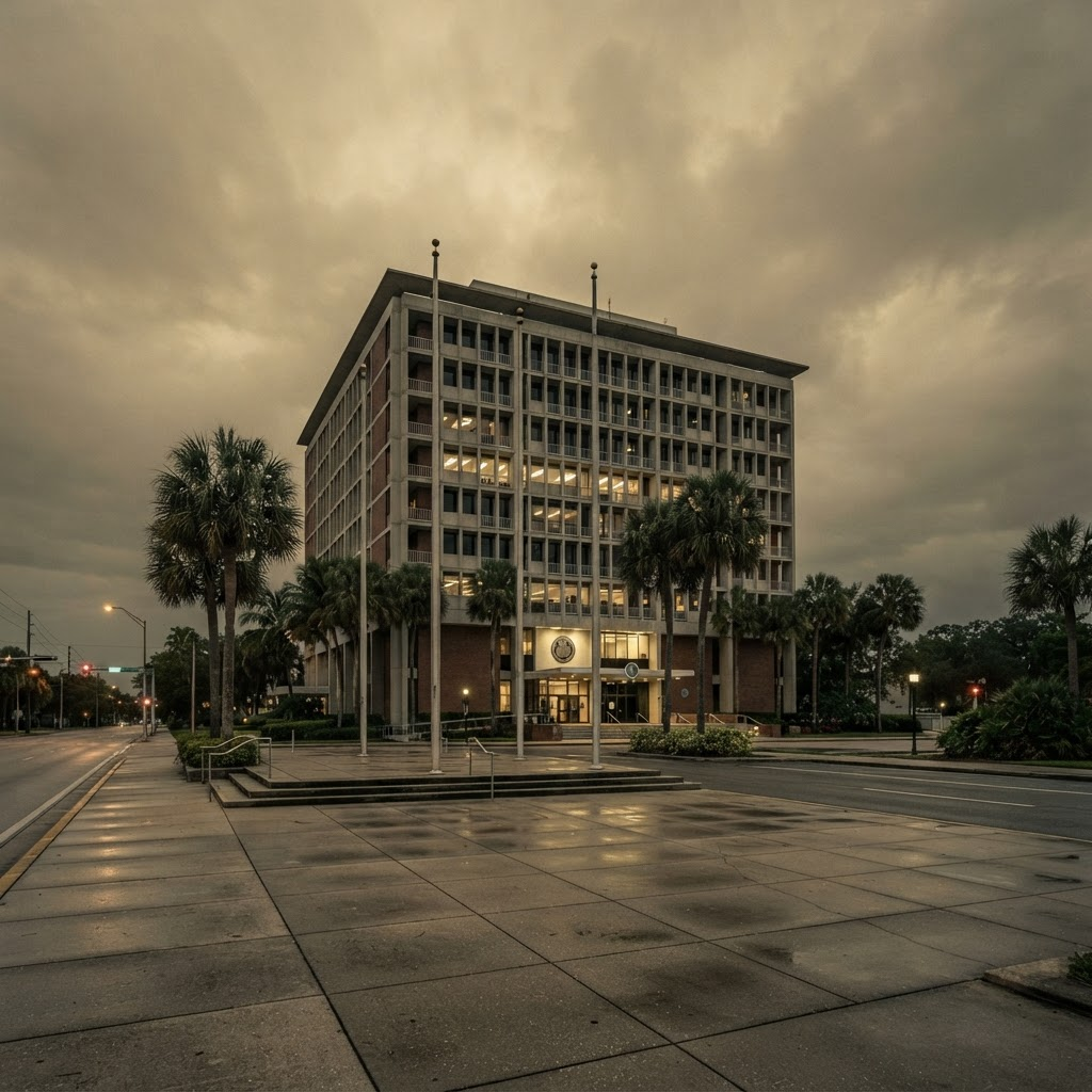 The Sarasota County Administration Building at dusk, where the County Commission votes on the budget.