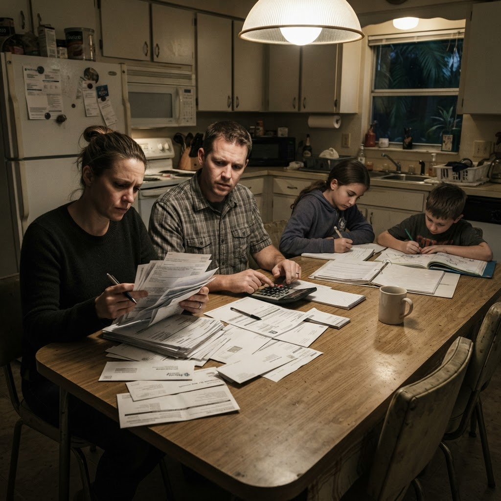 A family of four goes over household bills together at their kitchen table in the evening.