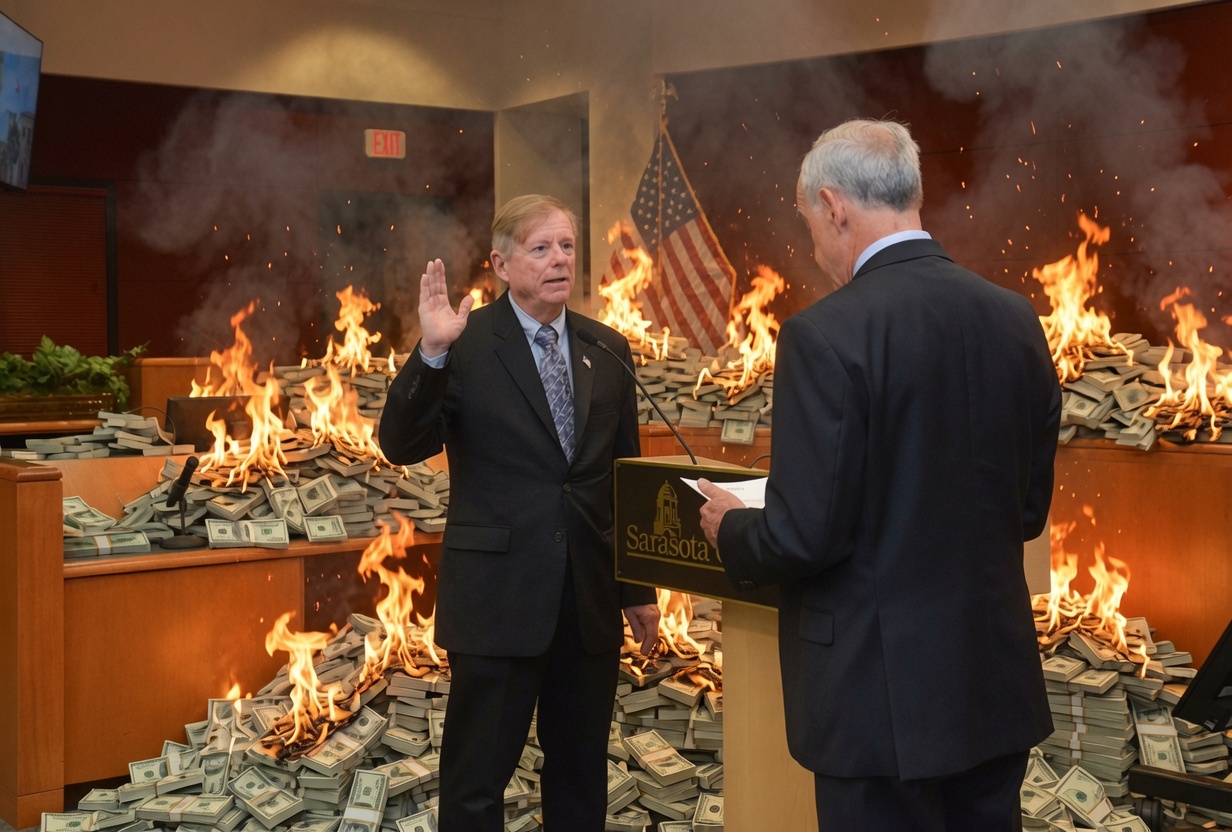 Illustration: a county commissioner takes the oath of office as the chamber and stacks of hundred-dollar bills burn around him.