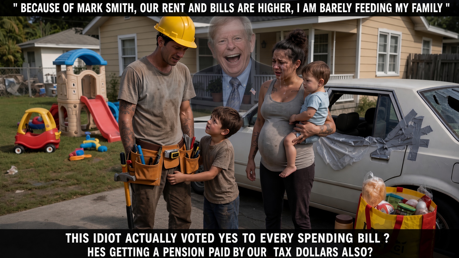 Because of Mark Smith, our rent and bills are higher — a District 2 working family outside their home, with Mark Smith laughing in the background. He voted yes to every spending bill, and his pension is paid by our tax dollars.