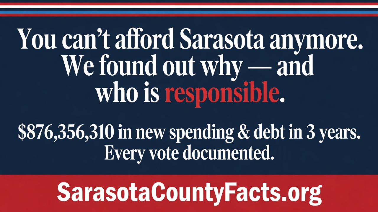 You can't afford Sarasota anymore. We found out why — and who is responsible. $876,356,310 in new spending and debt in 3 years. Every vote documented.