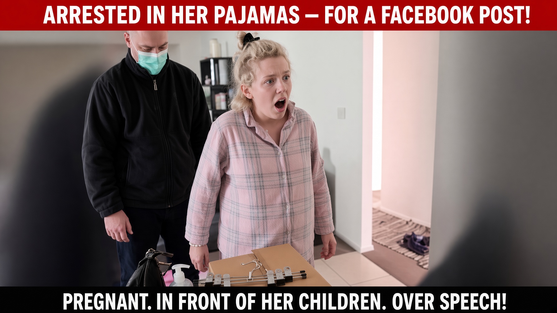 Dramatization: a shocked pregnant woman in pink plaid pajamas stands in her living room as a masked officer in black looms behind her, captioned 'Arrested in her pajamas — for a Facebook post. Pregnant. In front of her children. Over speech.'