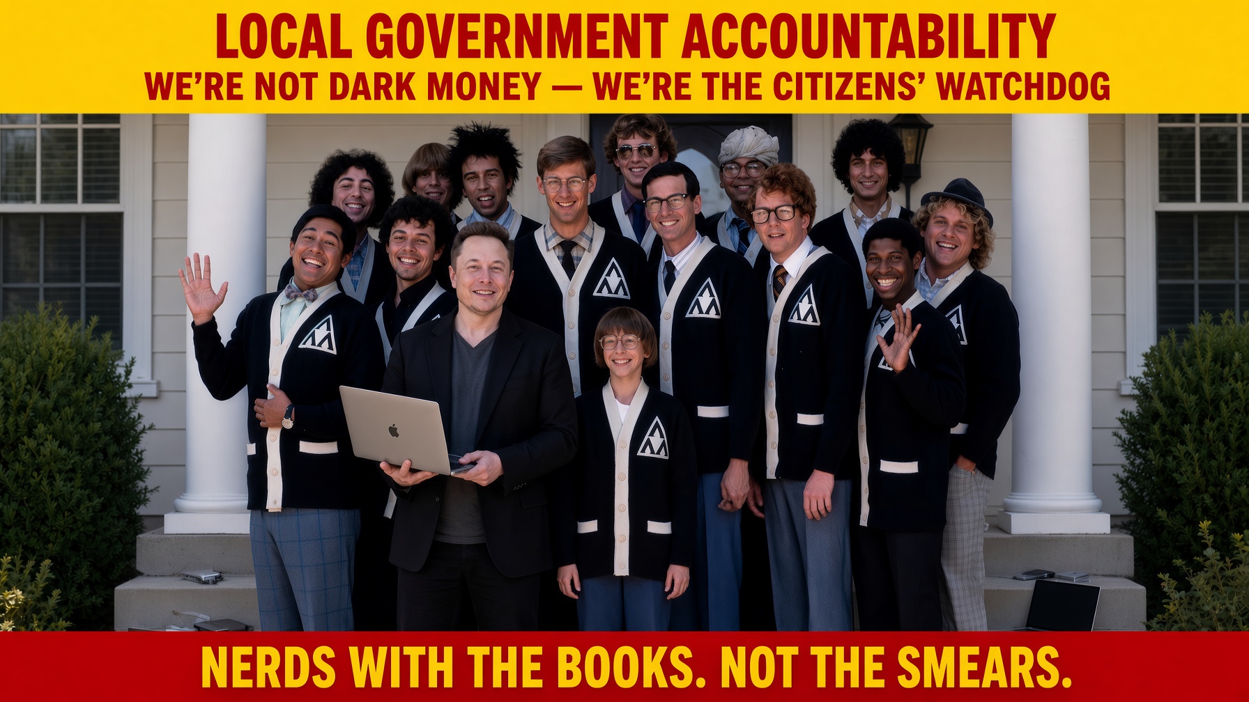 A smiling group of data analysts in matching black fraternity cardigans poses on a house porch, one holding a laptop, captioned 'Local Government Accountability — we're not dark money, we're the citizens' watchdog. Nerds with the books. Not the smears.'