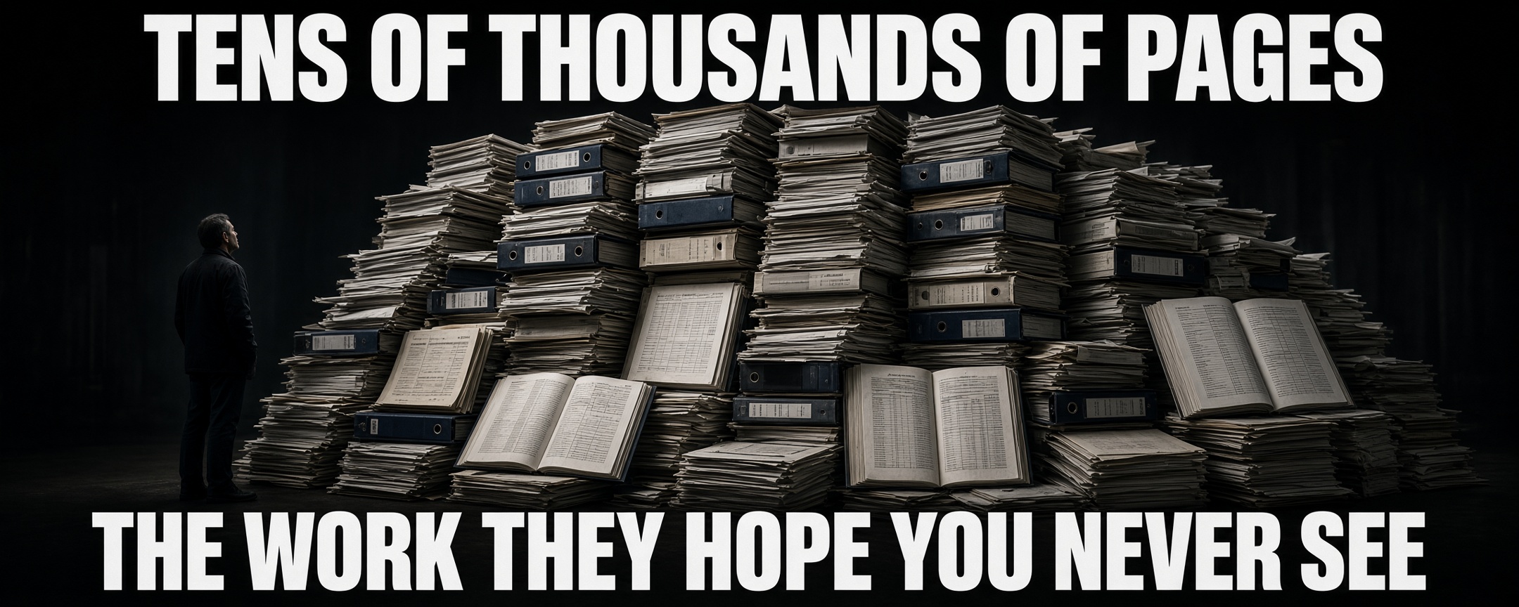 A lone man stands beside towering stacks of binders and open ledger books in a dark archive, captioned 'Tens of thousands of pages — the work they hope you never see'