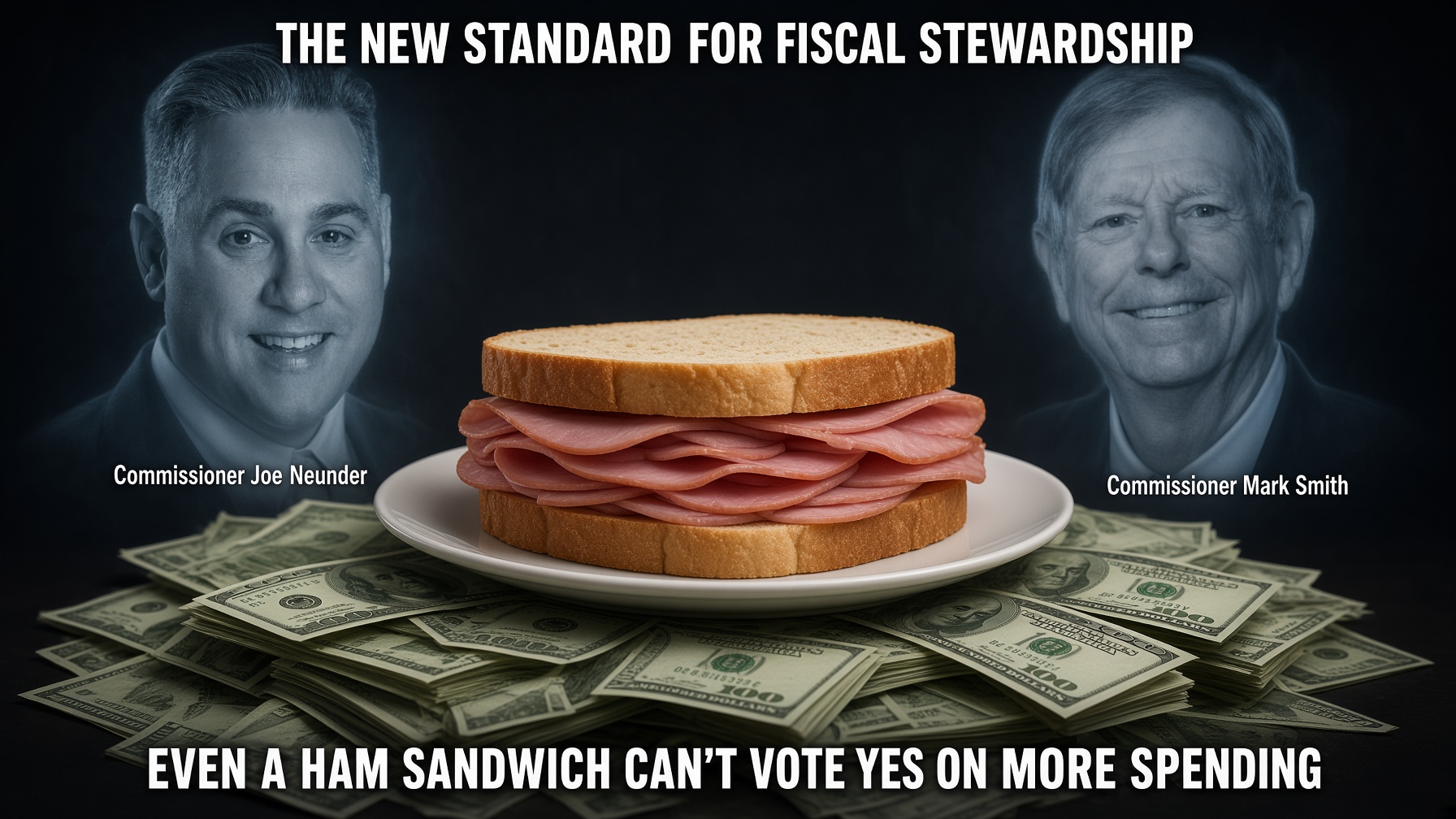 A ham sandwich on a plate atop a pile of hundred-dollar bills, flanked by ghosted portraits of Commissioner Joe Neunder and Commissioner Mark Smith, captioned 'The new standard for fiscal stewardship — even a ham sandwich can't vote yes on more spending'