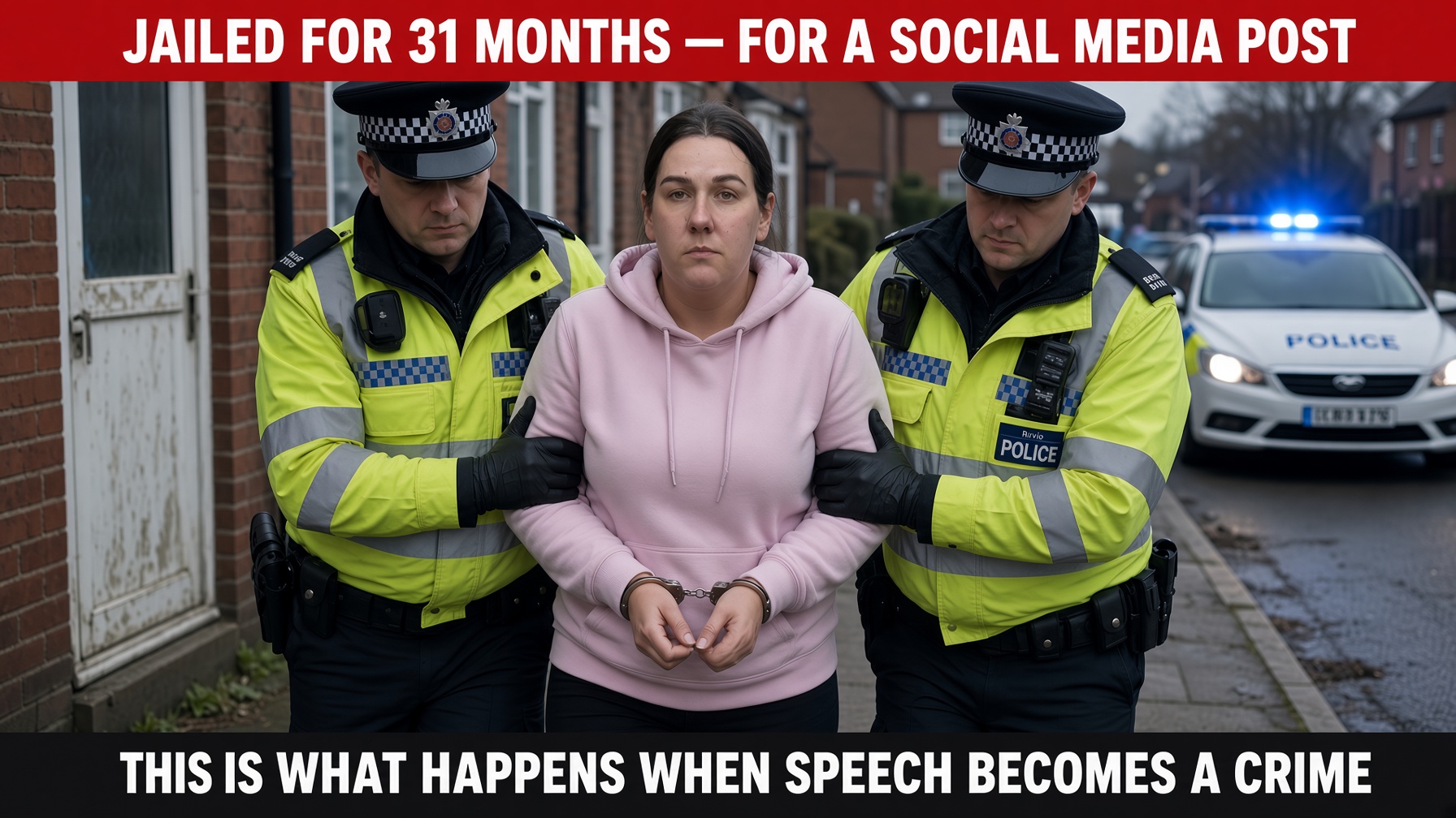 Dramatization: a handcuffed woman in a pink hoodie is escorted down a street by two UK police officers in hi-vis jackets with a police car behind, captioned 'Jailed for 31 months — for a social media post. This is what happens when speech becomes a crime.'