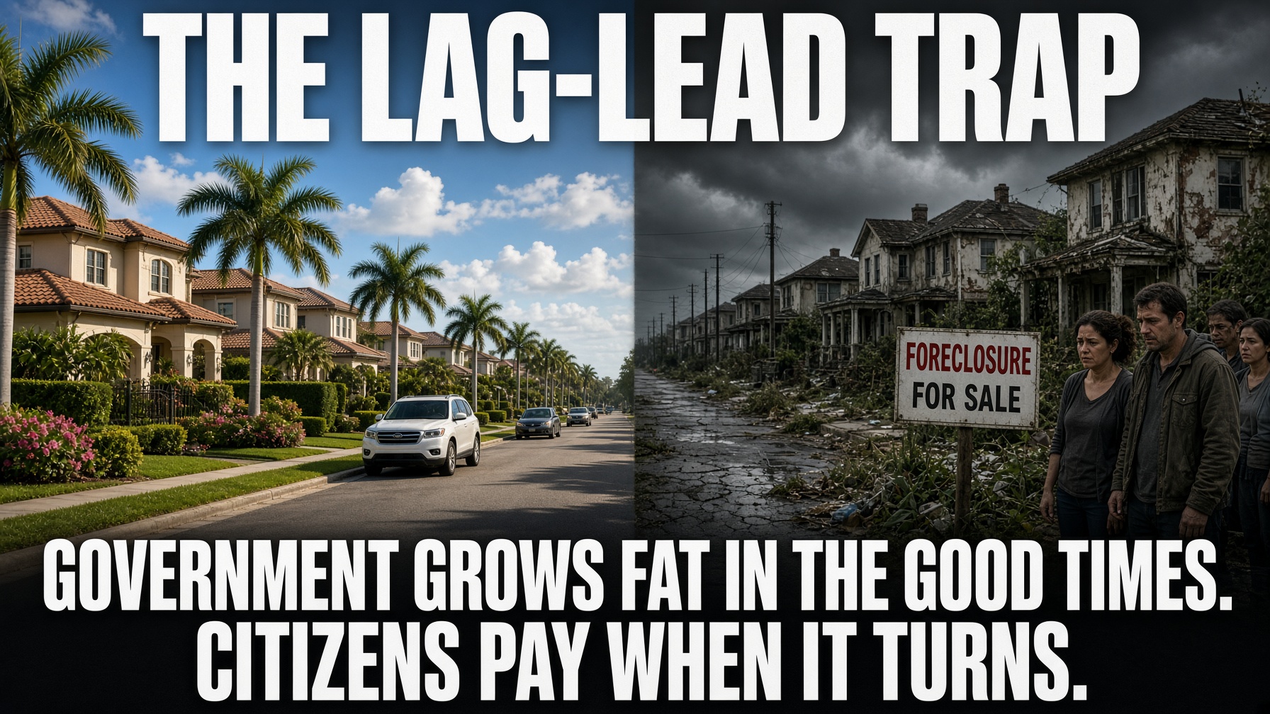 Split screen: a sunny, prosperous Sarasota neighborhood on one side and the same street under storm clouds with decaying homes, a foreclosure sign, and a grim family on the other, captioned 'Government grows fat in the good times. Citizens pay when it turns.'