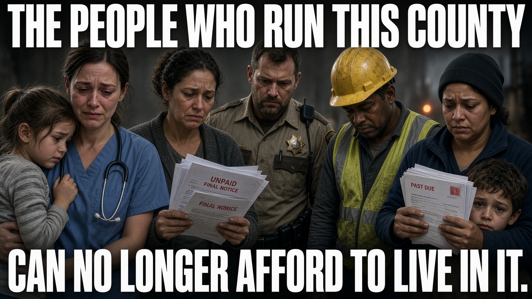 A nurse holding a child, a woman clutching unpaid final-notice bills, a sheriff's deputy, a construction worker in a hard hat, and a mother with her son holding past-due papers, captioned 'The people who run this county can no longer afford to live in it'