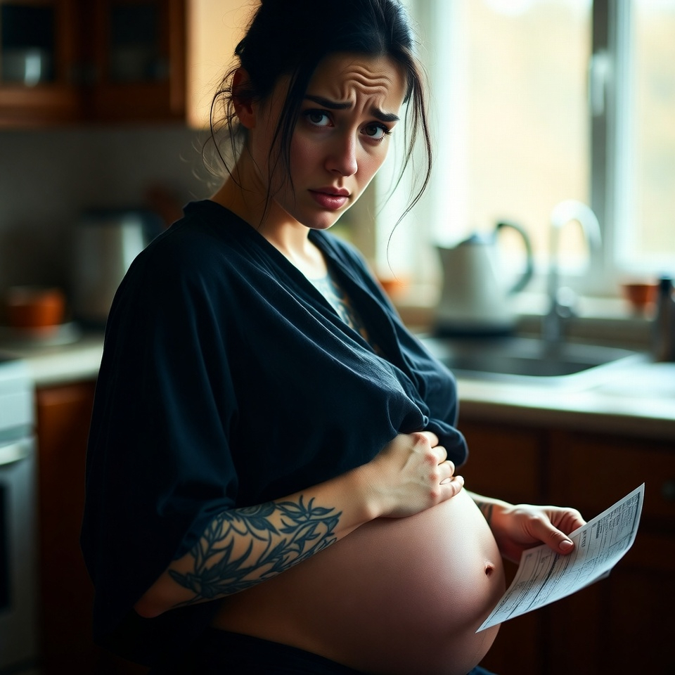 Pregnant woman with tattoos holding bill