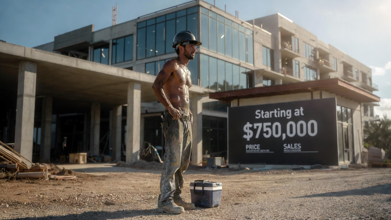Construction worker in front of luxury condos starting at $750,000 — he builds homes he cannot afford