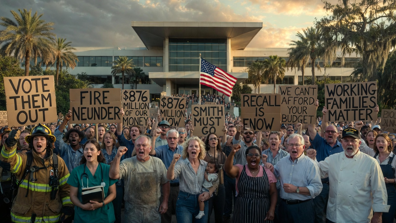 Diverse crowd protesting — workers demanding accountability from county government