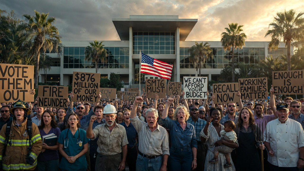 Diverse crowd protesting county spending and developer influence