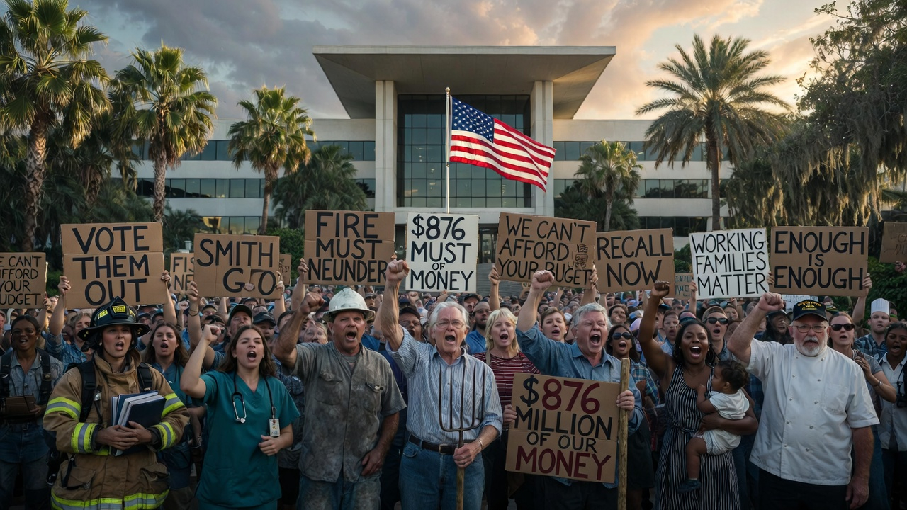 Diverse crowd demanding accountability from county government — protest signs calling for change