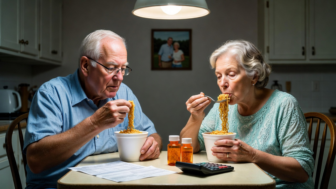Elderly couple eating ramen with medication bottles — property taxes rising while retirees struggle