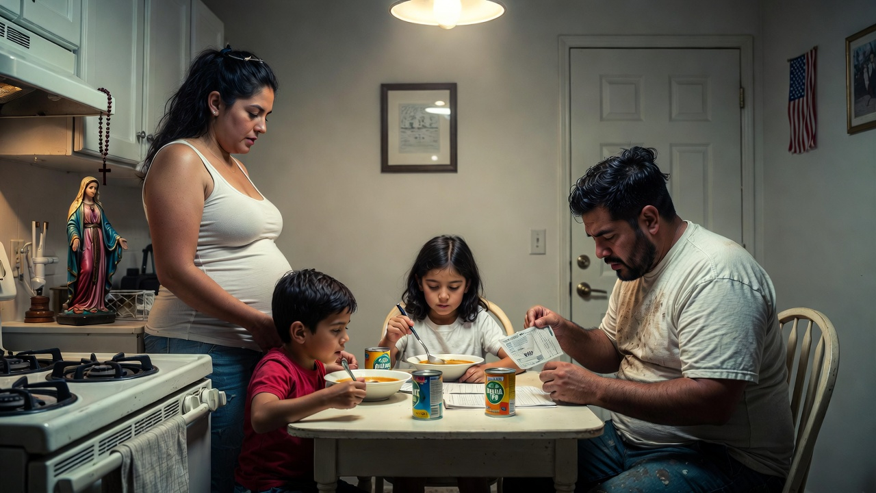 Hispanic family at kitchen table — pregnant mother, father reviewing bills, children eating canned soup