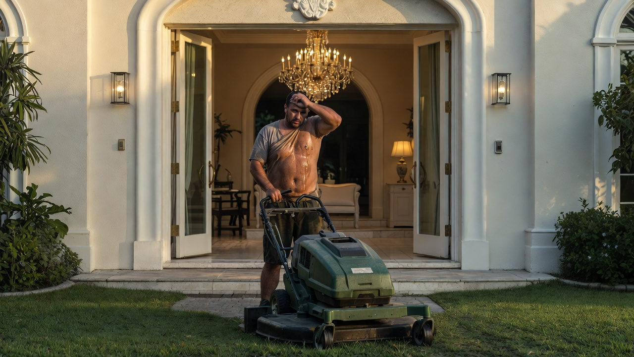 Landscaper mowing mansion lawn with chandelier visible — earns $38,397 a year