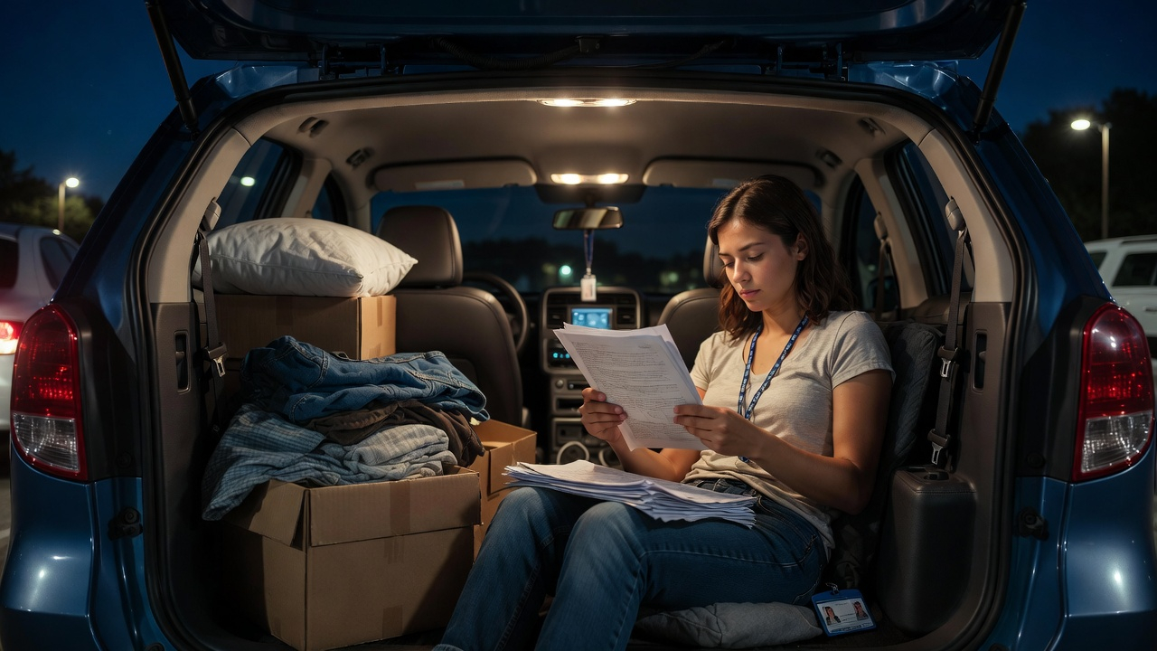 Teacher reading papers in back of her SUV at night